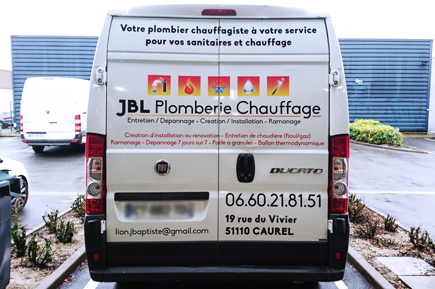 marquage véhicule utilitaire adhésifs jbl plomberie chauffage communication publicité