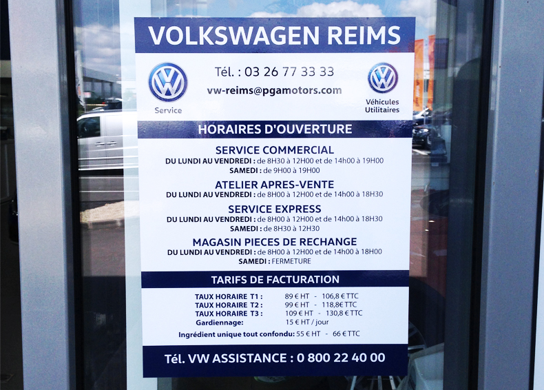 adhésif porte horaires volkswagen reims signalétique communication publicité accueil client