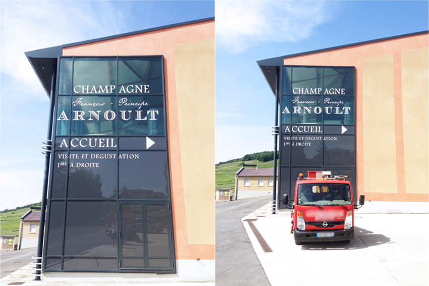 marquage vitrine champagne arnoult adhésif polymère signalétique communication publicité